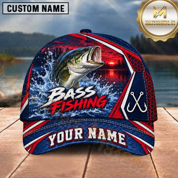 Maxcorners Fishing Sunset Lake Forest Splash Fish Scales Pattern Fish Hooks Personalized Name Unisex Classic Cap