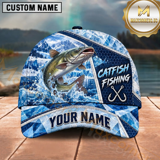 Maxcorners Fishing Ice Splash Glacier Crystal Pattern Fish Hooks Personalized Name Unisex Classic Cap