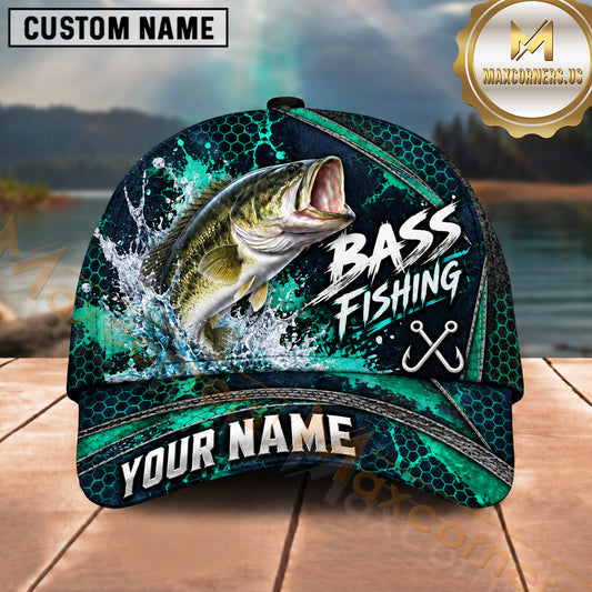Maxcorners Fishing Teal Water Splash Honeycomb Grid Pattern Fish Hooks Personalized Name Unisex Classic Cap