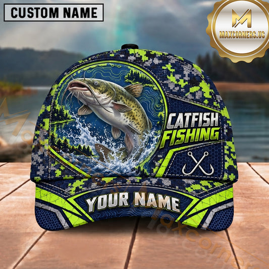 Maxcorners Fishing Topo Map Digital Camo Forest Water Splash Fish Hooks Personalized Name Unisex Classic Cap