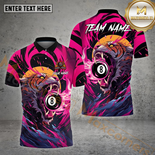 Maxcorners Billiard Tiger 8 Ball Pattern Personalized Name, Team Name 3D Polo Shirt (4 Colors)