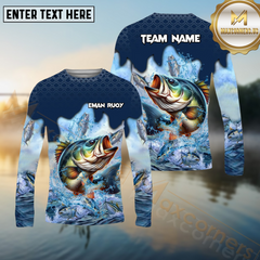 Maxcorners Bass Fishing Blue Wave Hunt Pattern Pattern Sport Jersey Personalized Name, Team Name Long Sleeve Shirt