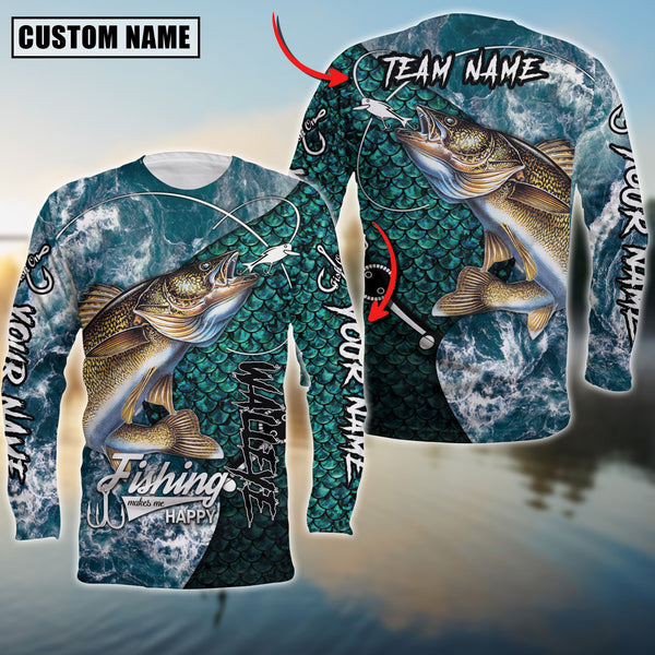 Maxcorne Walleye Fishing Blue Wave  Personalized 3D Long Sleeve Shirt