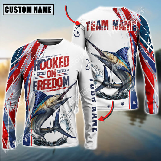 Maxcorners Marlin Fishing USA Flag Pattern Hooked On Freedom Sun Protection Personalized Name Team Name 3D Shirts