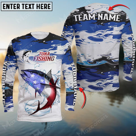 Maxcorners Tuna Fishing USA Flag Pattern Personalized Name Team Name 3D Shirts