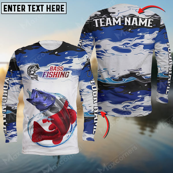 Maxcorners Bass Fishing USA Flag Pattern Personalized Name Team Name 3D Shirts