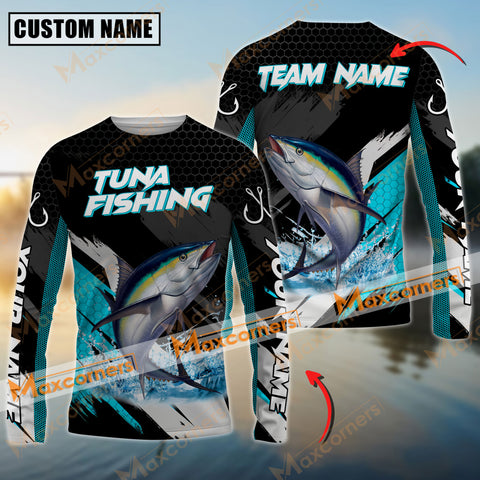 Maxcorner Tuna Fishing Water Blue Jersey Sun Protection Personalized Name And Team Name Long Sweat Shirt