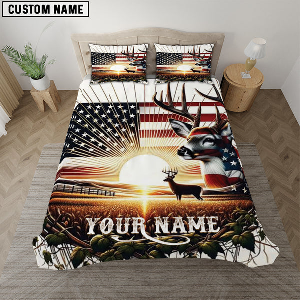 Maxcorners Deer Hunting Sunset USA Flag Custom Name 3D All Over Printed Bedding Set