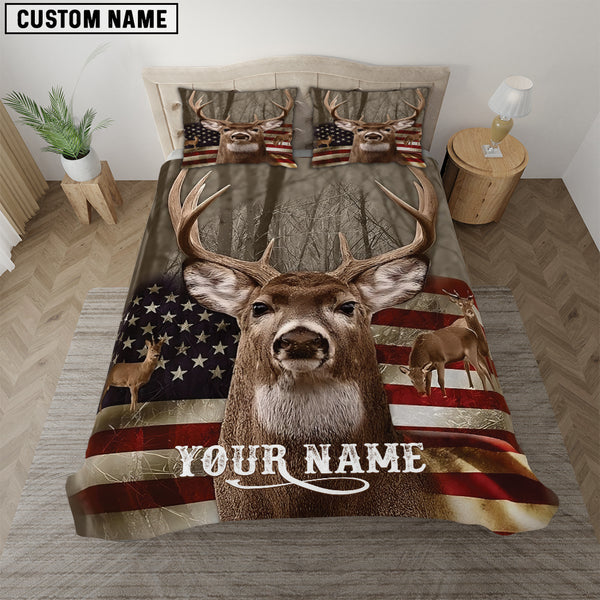 Maxcorners Deer Hunting USA Flag Pattern Custom Name 3D All Over Printed Bedding Set