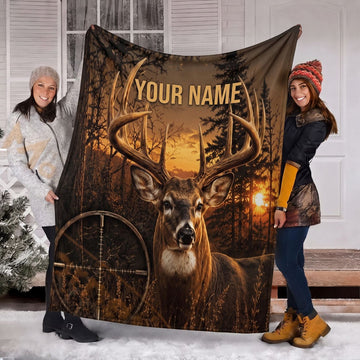 Maxcorners Whitetail Buck Hunting Crosshair Reticle Golden Sunset Personalized Name 3D Blanket
