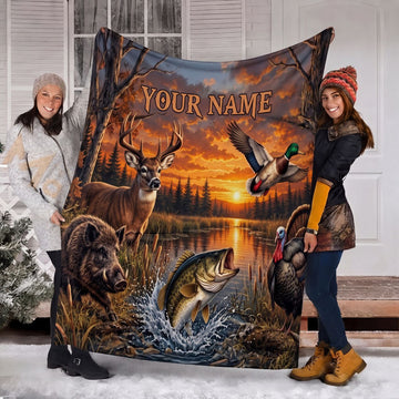 Maxcorners Wildlife Hunting Outdoors Bass Fish Deer Duck Boar Sunset Personalized Name 3D Blanket