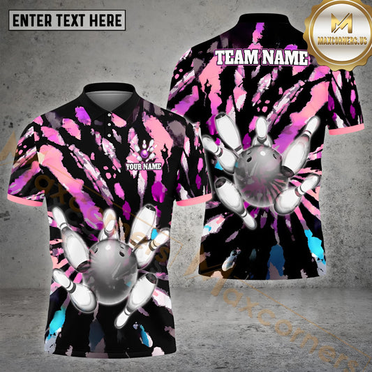 Maxcorners Bowling Colorful Graffiti Tornado Bowling Ball Multicolor Options Personalized Name, Team Name 3D Polo Shirt (4 Colors)