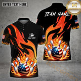 Maxcorners Fire Pattern US Flag Bowling Jersey Customized Name, Team Name 3D Polo Shirt