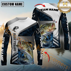 Maxcorners Bass Fishing Blue Deep Wave Hook Personalized Name, Team Name Long Sleeve Shirt