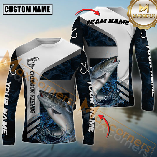 Maxcorners Chinook Fishing Blue Deep Wave Hook Personalized Name, Team Name Long Sleeve Shirt