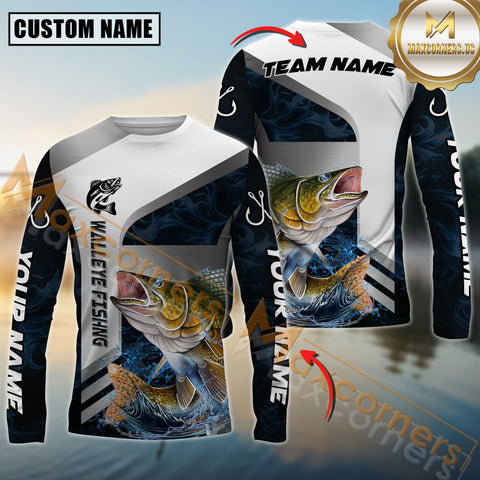 Maxcorners Walleye Fishing Blue Deep Wave Hook Personalized Name, Team Name Long Sleeve Shirt