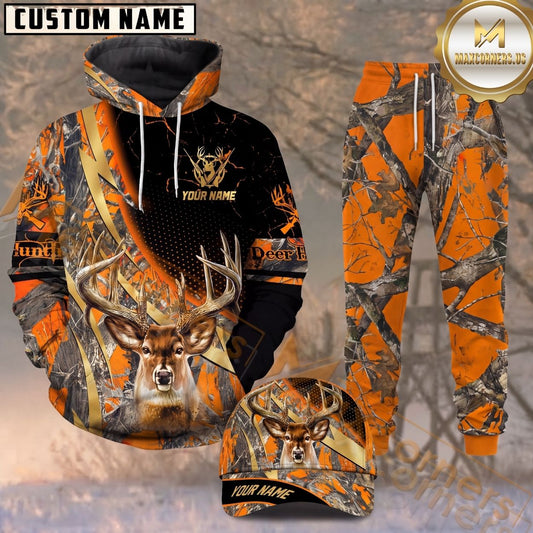 Maxcorners Hunting Deer Orange Real Tree Camo Personalized 3D Combo Hoodie, Sweatpants Set & Cap