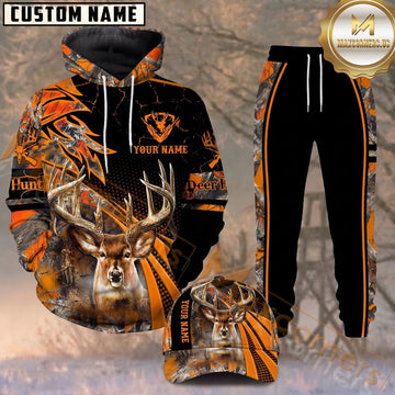 Maxcorners Hunting Deer Black Orange Real Tree Camo Personalized 3D Combo Hoodie, Sweatpants Set & Cap