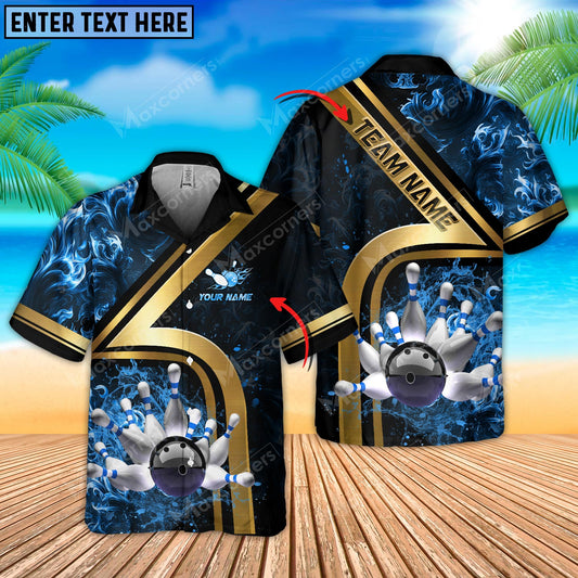 Maxcorners Bowling Ball & Pins Water And Flame Multicolor Option Customized Name Hawaiian Shirt (4 Colors)