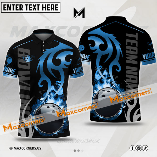 Maxcorners Bowling & Pins Flame Premium Pattern Multicolor Option Customized Name, Team Name 3D Polo Shirt (4 Colors)