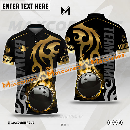 Maxcorners Bowling & Pins Flame Premium Pattern Multicolor Option Customized Name, Team Name 3D Polo Shirt (4 Colors)