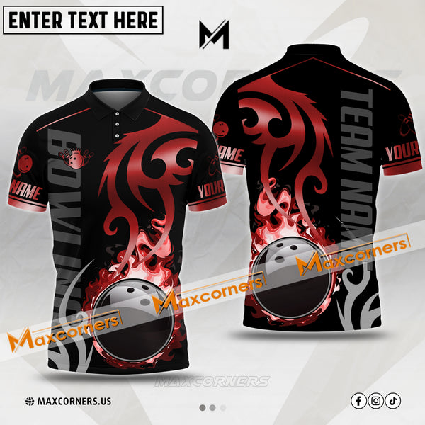 Maxcorners Bowling & Pins Flame Premium Pattern Multicolor Option Customized Name, Team Name 3D Polo Shirt (4 Colors)
