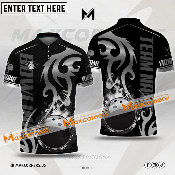 Maxcorners Bowling & Pins Flame Premium Pattern Multicolor Option Customized Name, Team Name 3D Polo Shirt (4 Colors)