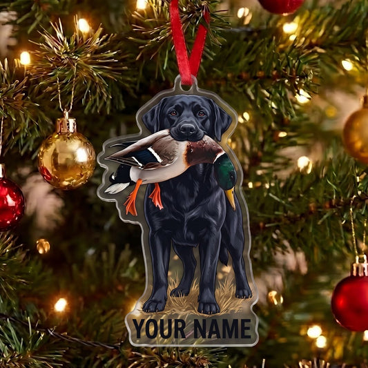 Maxcorners Black Labrador Hunting Dog With Mallard Duck Personalized Name Ornament And Keychain Custom Gift For Hunters 2D Flat