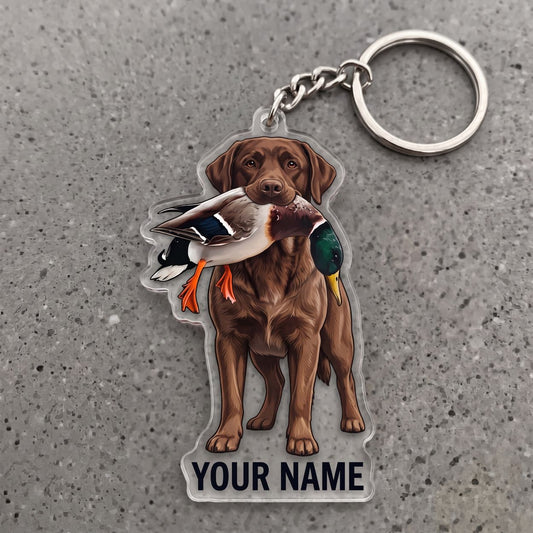 Maxcorners Chocolate Labrador Hunting Dog With Mallard Duck Personalized Name Ornament And Keychain Custom Gift For Hunters 2D Flat