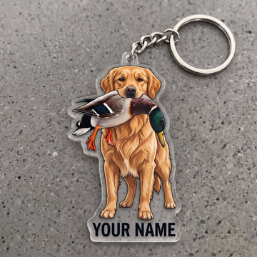 Maxcorners Golden Retriever Hunting Dog With Mallard Duck Personalized Name Ornament And Keychain Custom Gift For Hunters 2D Flat
