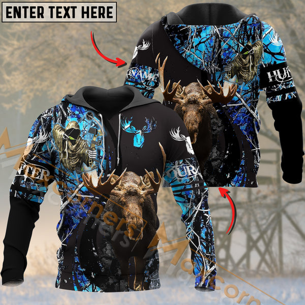 Maxcorners Moose Hunting Blue Camo Pattern Reaper Custom Name Shirt 3D All Over Printed Clothes