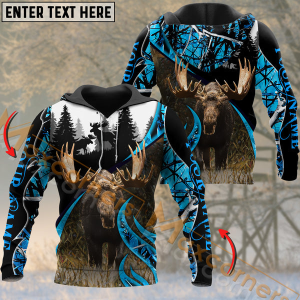 Maxcorners Moose Hunting Blue Camouflage Black Forest Pattern Custom Name Shirt 3D All Over Printed Clothes