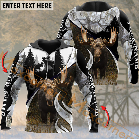 Maxcorners Moose Hunting White Camouflage Black Forest Pattern Custom Name Shirt 3D All Over Printed Clothes