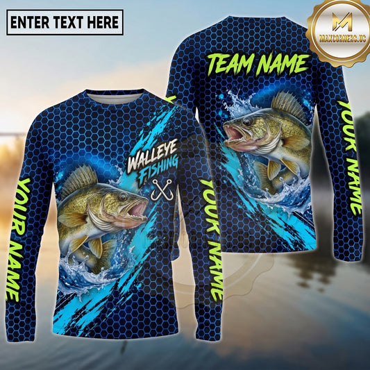(13 Breeds) Maxcorners Fishing Big Catch Fish Water Splash Hexagon Pattern Electric Blue Lime Green Custom Team Name Personalized Name 3D Long Sleeve Shirt