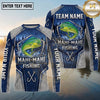 (13 Breeds) Maxcorners Fishing Big Catch Fish Splash Badge Honeycomb Mesh Denim Blue White Fishing Hooks Custom Team Name Personalized Name 3D Long Sleeve Shirt