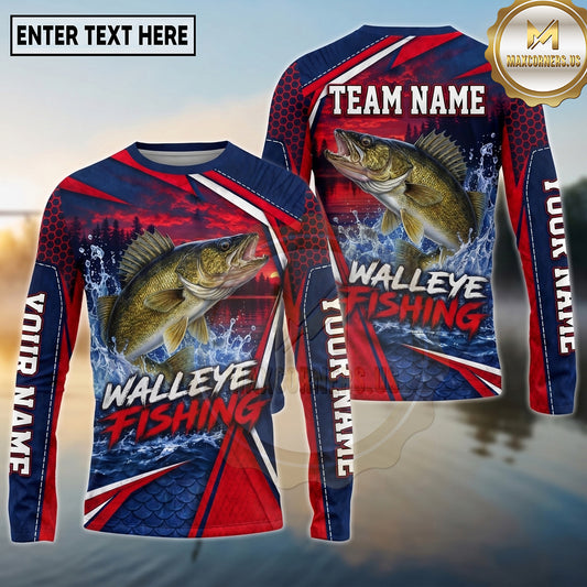 (13 Breeds) Maxcorners Fishing Sunset Water Reflection Racing Stripes Red Navy Blue Fish Scale Pattern Custom Team Name Personalized Name 3D Long Sleeve Shirt