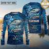 (13 Breeds) Maxcorners Fishing Ocean Water Splash Ripples Royal Blue White Swirls Fishing Hooks Custom Team Name Personalized Name 3D Long Sleeve Shirt