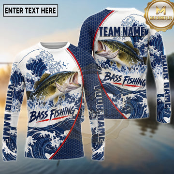(13 Breeds) Maxcorners Fishing Great Wave Water Splash Navy Blue White Swirls Hexagon Mesh Custom Team Name Personalized Name 3D Long Sleeve Shirt