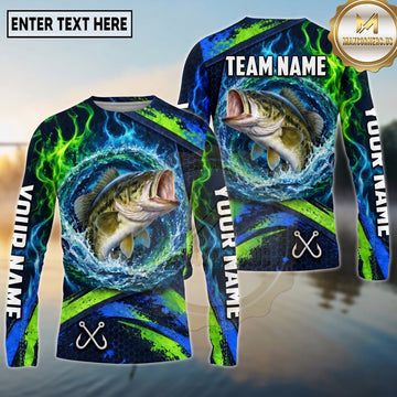 (13 Breeds) Maxcorners Fishing Water Splash Ring Electric Blue Green Flames Honeycomb Pattern Custom Team Name Personalized Name 3D Long Sleeve Shirt