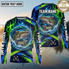 (13 Breeds) Maxcorners Fishing Water Splash Ring Electric Blue Green Flames Honeycomb Pattern Custom Team Name Personalized Name 3D Long Sleeve Shirt