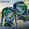 (13 Breeds) Maxcorners Fishing Water Splash Ring Electric Blue Green Flames Honeycomb Pattern Custom Team Name Personalized Name 3D Long Sleeve Shirt