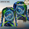 (13 Breeds) Maxcorners Fishing Water Splash Ring Electric Blue Green Flames Honeycomb Pattern Custom Team Name Personalized Name 3D Long Sleeve Shirt