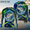 (13 Breeds) Maxcorners Fishing Water Splash Ring Electric Blue Green Flames Honeycomb Pattern Custom Team Name Personalized Name 3D Long Sleeve Shirt