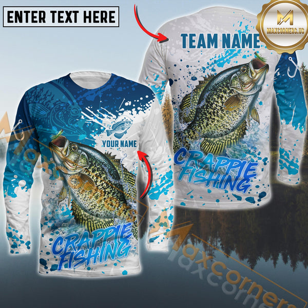 Maxcorners Crappie Fishing White Blue Water Fishing Pattern Sport Custom Name & Team Name 3D Shirts