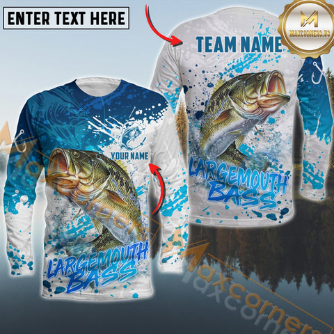 Maxcorners Largemouth Bass Fishing White Blue Water Fishing Pattern Sport Custom Name & Team Name 3D Shirts