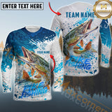 Maxcorners Pike Fishing White Blue Water Fishing Pattern Sport Custom Name & Team Name 3D Shirts