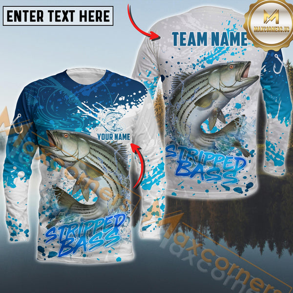 Maxcorners Stripped Bass Fishing White Blue Water Fishing Pattern Sport Custom Name & Team Name 3D Shirts