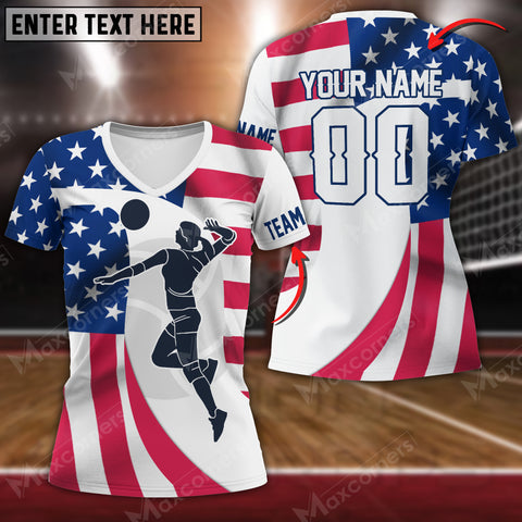 Maxcorners Volleyball USA Flag V-neck T-Shirt For Women