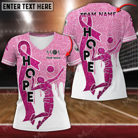 Maxcorners Pink Ribbon Breast Cancer Awareness Volleyball Personalized 3D V-neck T-Shirt For Women