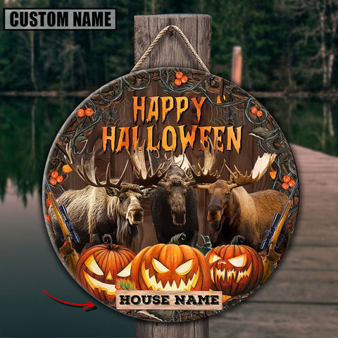 Maxcorners Moose Hunting With Pumpkin Customized House Name Halloween Wooden Sign